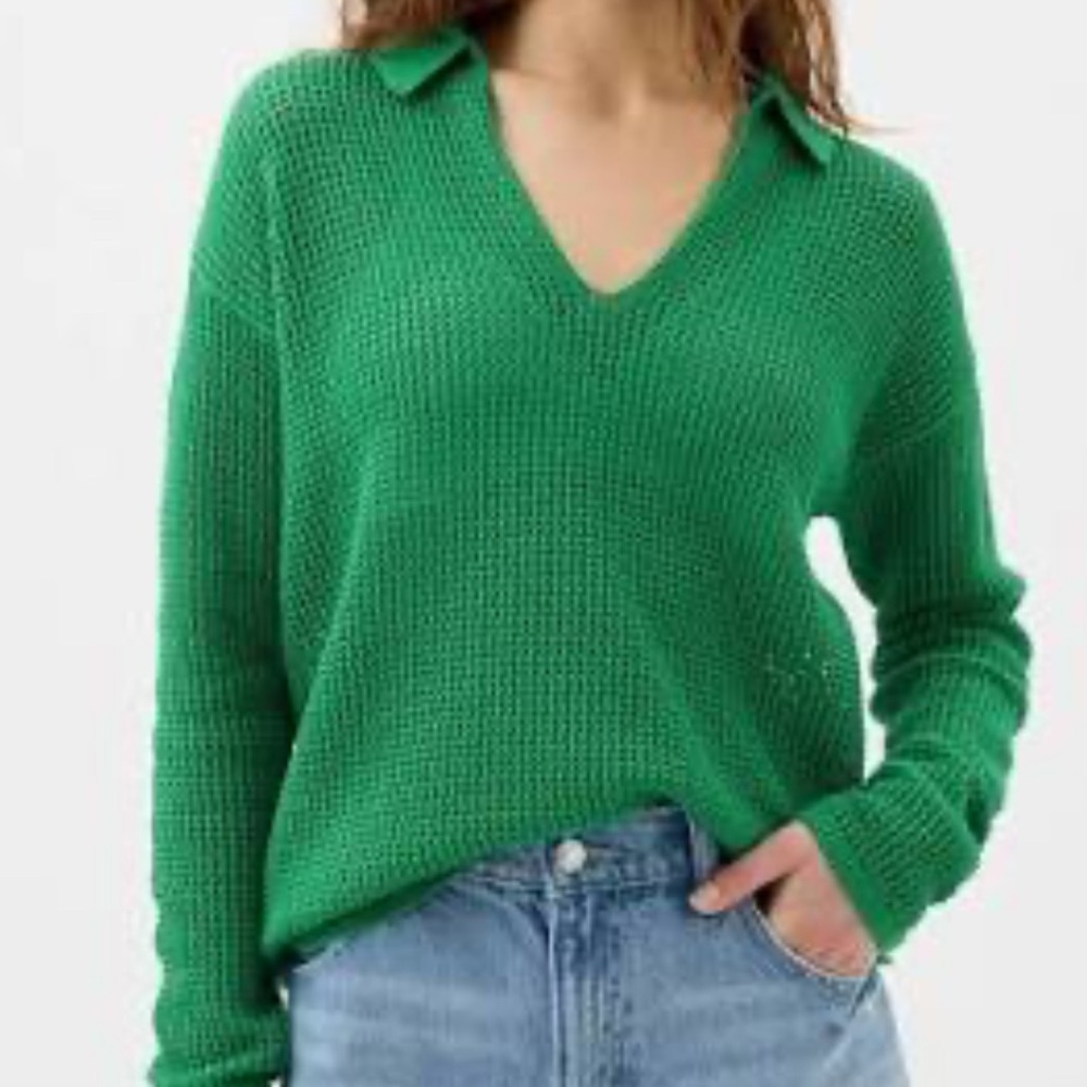 GAP Crochet Collared V-Neck Sweater Green Size L Cotton new without tags